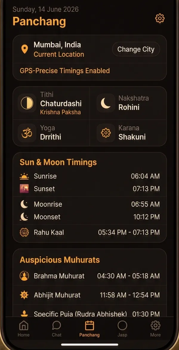 Panchang screen showing sunrise timing